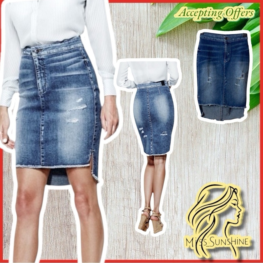 GUESS NWT - Sz 24 - invasion wash high low denim longette skirt distressed